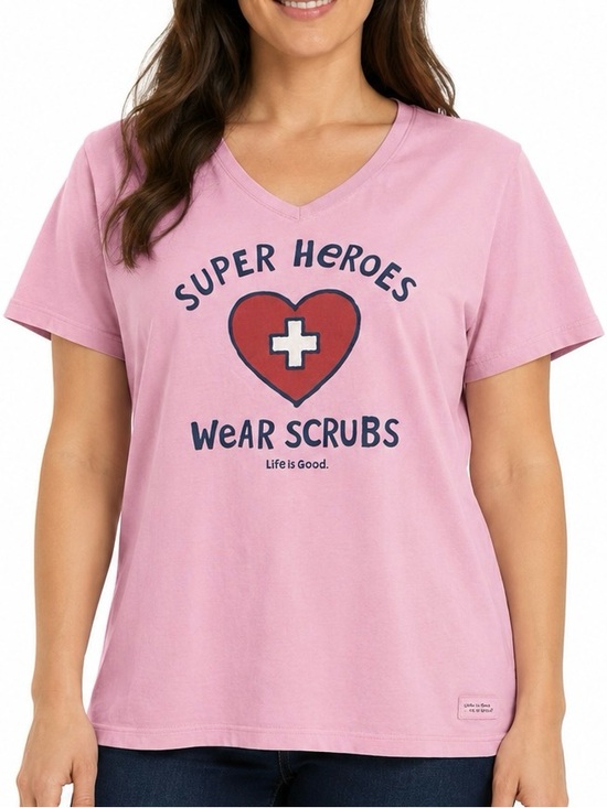 Life Is Good Tops - Life is Good Pink Super Heroes Wear Scrubs V-Neck T-Shirt Women’s Size X-Large